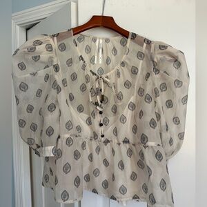 Anthropologie Cream Puff Sleeve Blouse with Tie Front